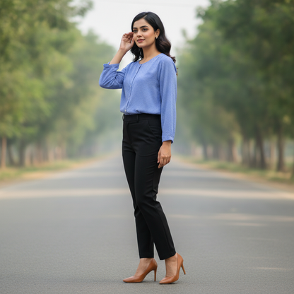 Bonnare Sky Blue Cotton Button Front Top for Women | Soft Casual Shirt