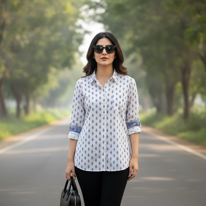 Pepe Jeans White Printed Cotton Shirt for Women | Casual Button Down