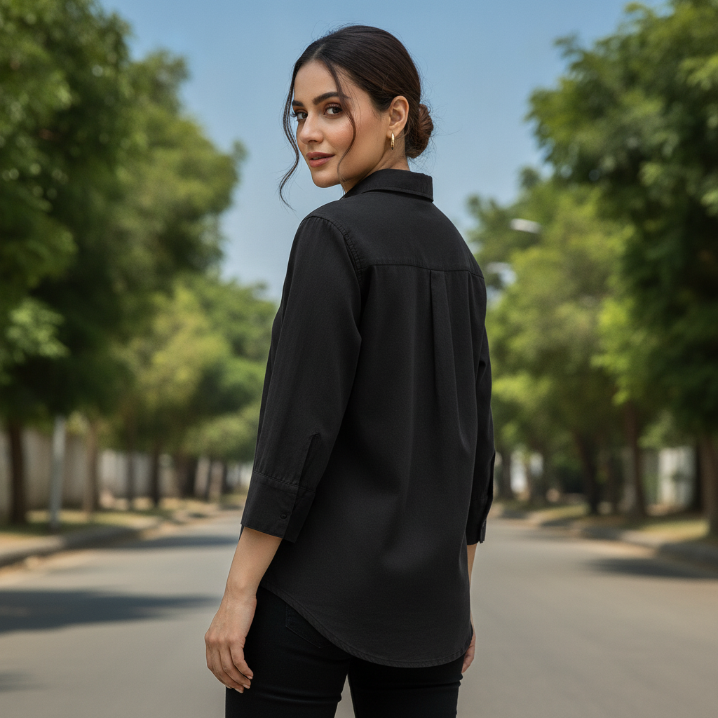H&M Black Cotton Shirt for Women | Classic Casual Button Shirt