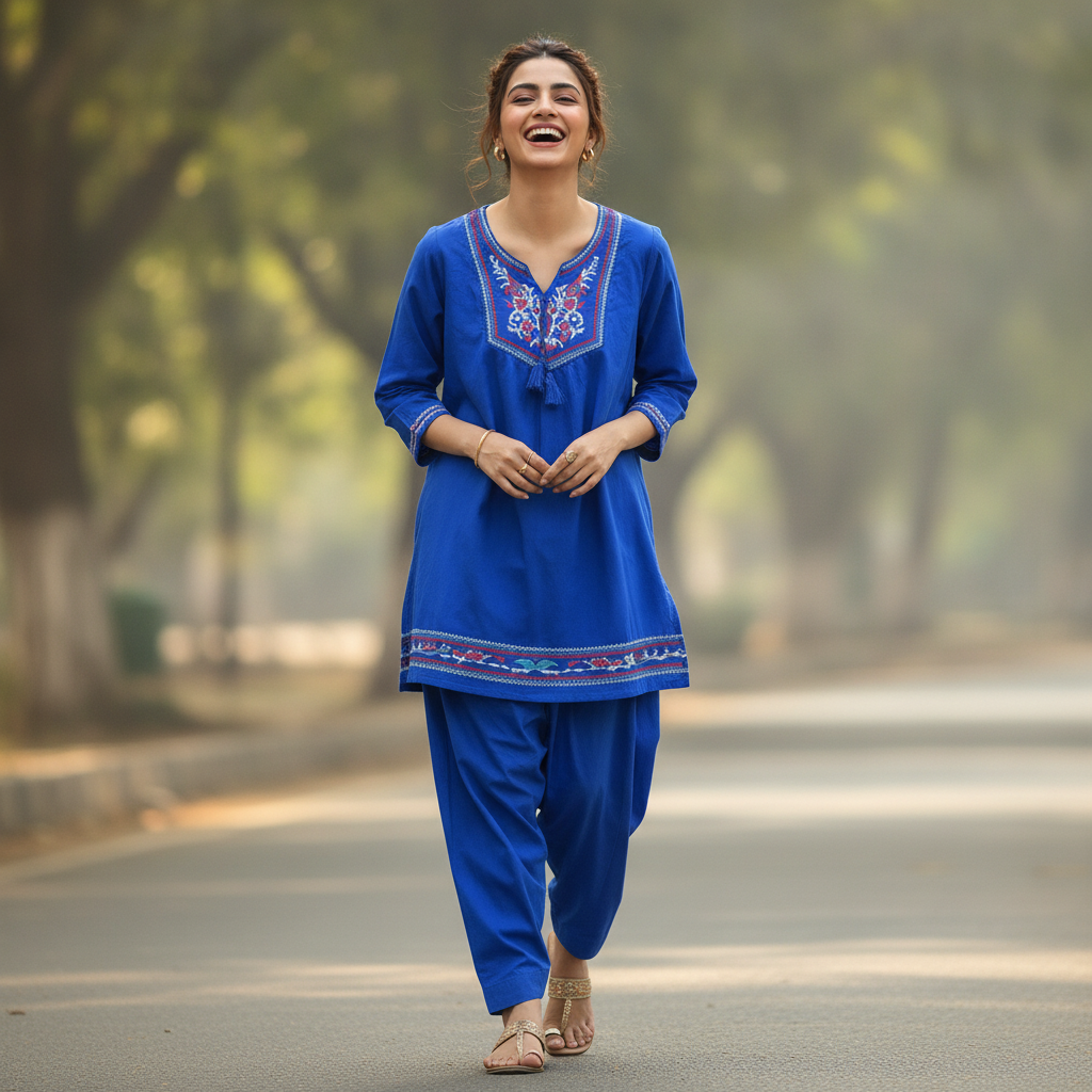 M&D Royal Blue Embroidered Cotton Kurti for Women | Casual Ethnic Top