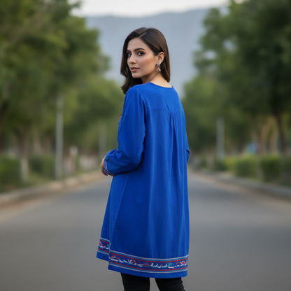M&D Royal Blue Embroidered Cotton Kurti for Women | Casual Ethnic Top