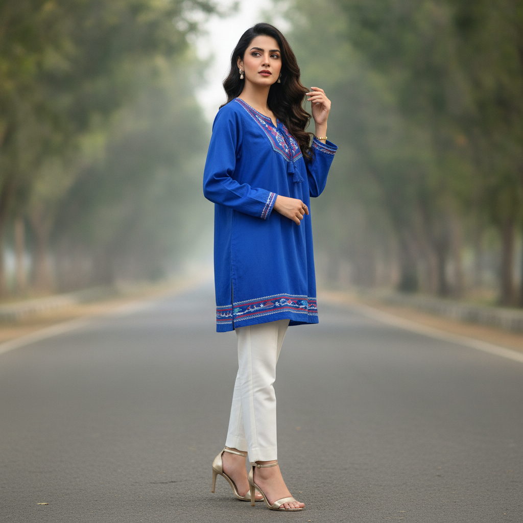 M&D Royal Blue Embroidered Cotton Kurti for Women | Casual Ethnic Top