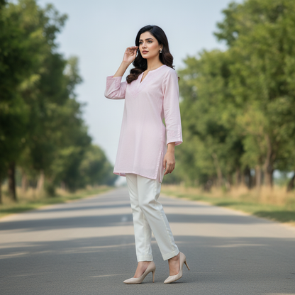 Bonnare Light Pink Embroidered Cotton Tunic for Women | Elegant Casual Top