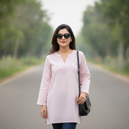 Bonnare Light Pink Embroidered Cotton Tunic for Women | Elegant Casual Top