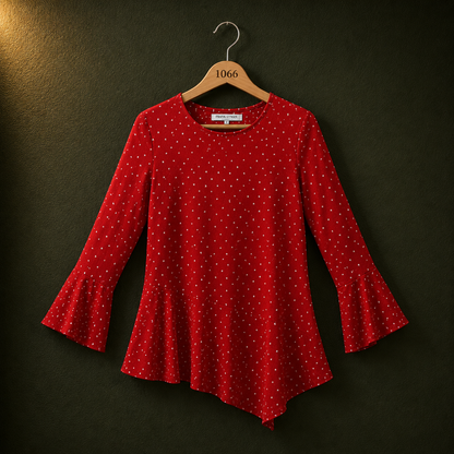 Pull & Bear Red Printed Cotton Top for Women | Flared Sleeve Casual Top