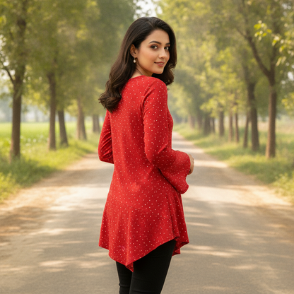 Pull & Bear Red Printed Cotton Top for Women | Flared Sleeve Casual Top