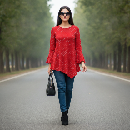Pull & Bear Red Printed Cotton Top for Women | Flared Sleeve Casual Top