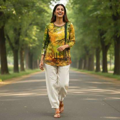 Bonnare Forest Print Viscose Top for Women | Nature Graphic Casual Top