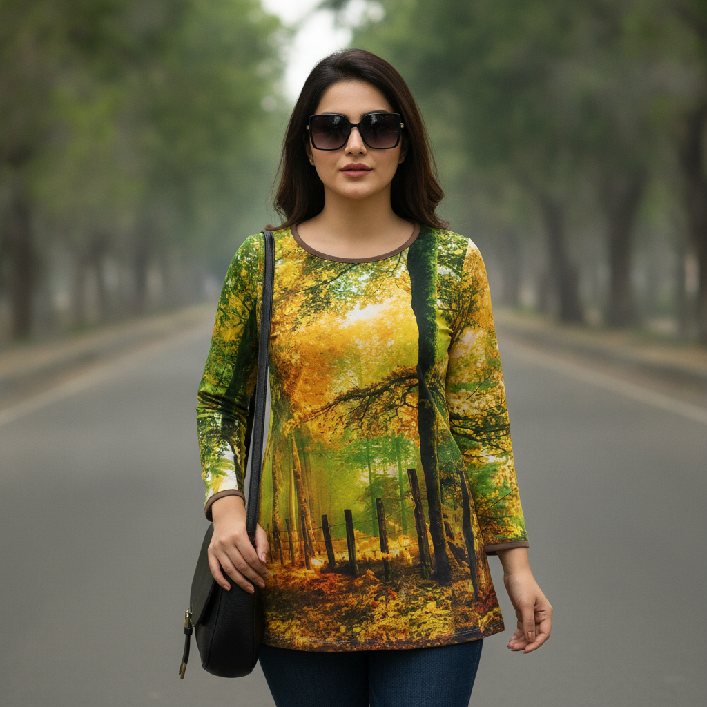 Bonnare Forest Print Viscose Top for Women | Nature Graphic Casual Top