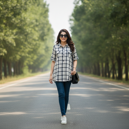Yessica Checked Cotton Tunic Shirt for Women | Casual Plaid Long Shirt