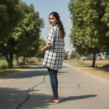 Yessica Checked Cotton Tunic Shirt for Women | Casual Plaid Long Shirt