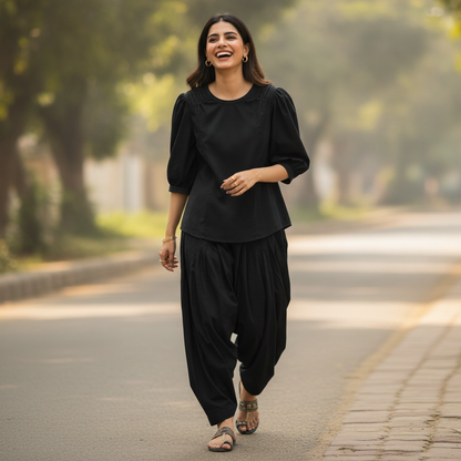 Bonnare Black Silk Puff Sleeve Top for Women | Elegant Party Wear Blouse