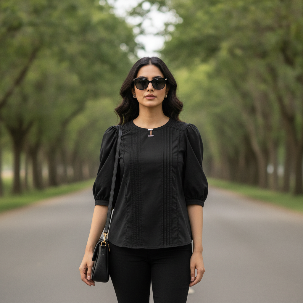 Bonnare Black Silk Puff Sleeve Top for Women | Elegant Party Wear Blouse