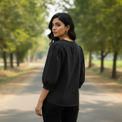 Bonnare Black Silk Puff Sleeve Top for Women | Elegant Party Wear Blouse