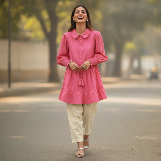 River Island Pink Cotton Tunic Top for Women | Peter Pan Collar Casual Blouse