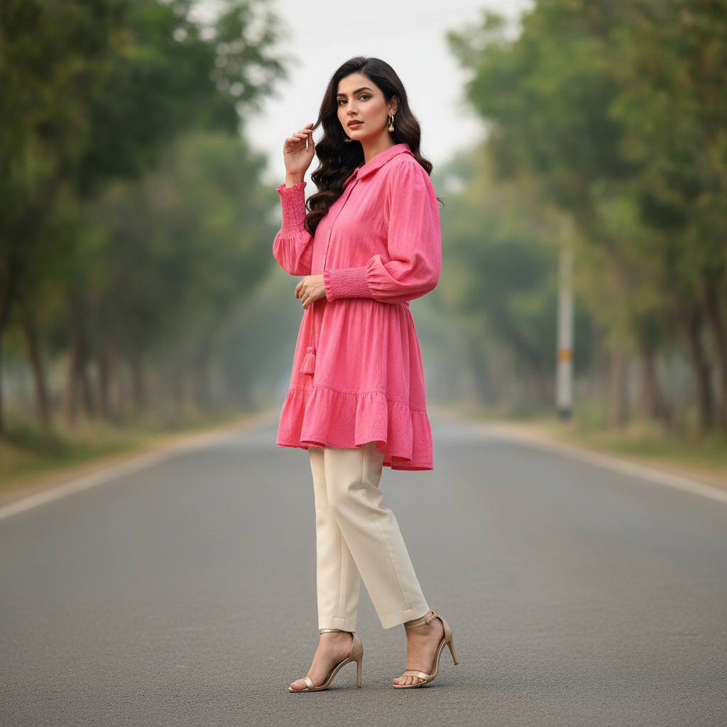 River Island Pink Cotton Tunic Top for Women | Peter Pan Collar Casual Blouse