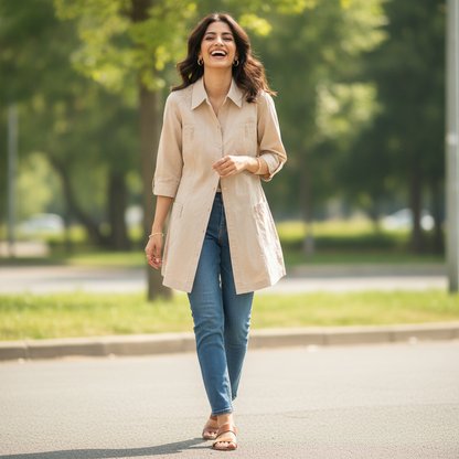 Zagora Beige Cotton Utility Shirt for Women | Button Front Casual Tunic