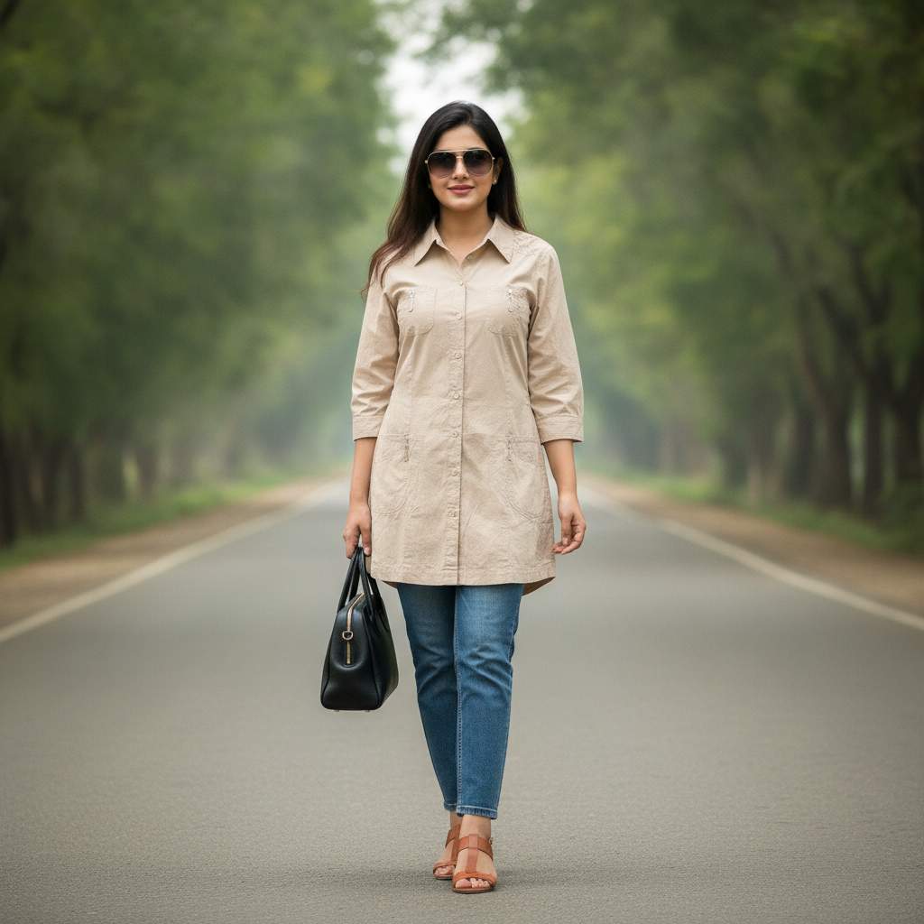 Zagora Beige Cotton Utility Shirt for Women | Button Front Casual Tunic