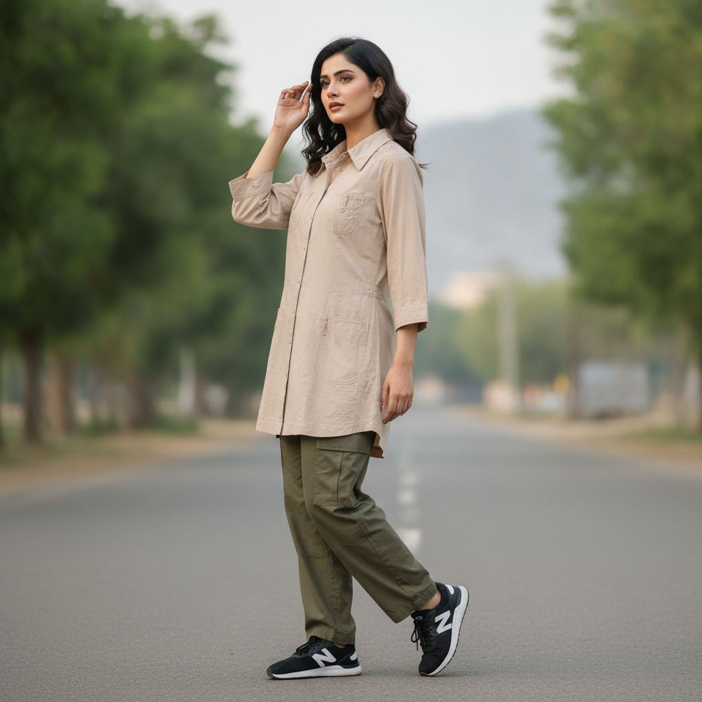 Zagora Beige Cotton Utility Shirt for Women | Button Front Casual Tunic