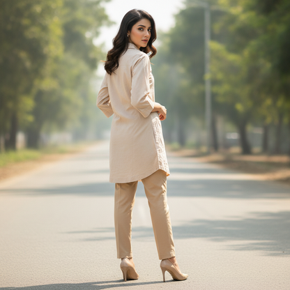 Zagora Beige Cotton Utility Shirt for Women | Button Front Casual Tunic