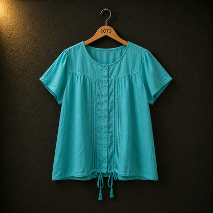 Okay Turquoise Cotton Top for Women | Pleated Button Front Casual Blouse