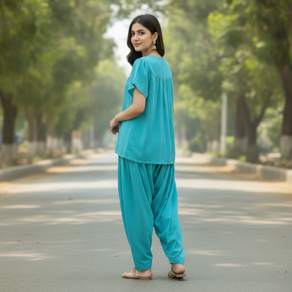 Okay Turquoise Cotton Top for Women | Pleated Button Front Casual Blouse