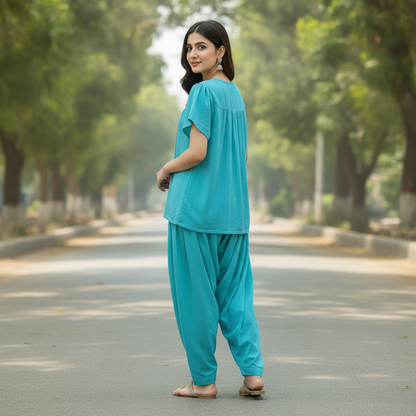 Okay Turquoise Cotton Top for Women | Pleated Button Front Casual Blouse