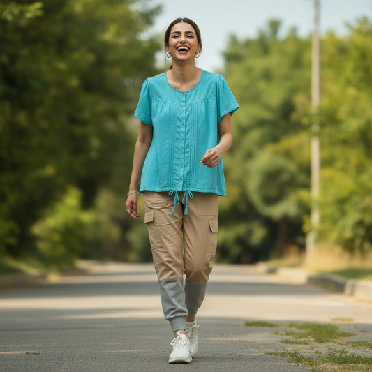 Okay Turquoise Cotton Top for Women | Pleated Button Front Casual Blouse