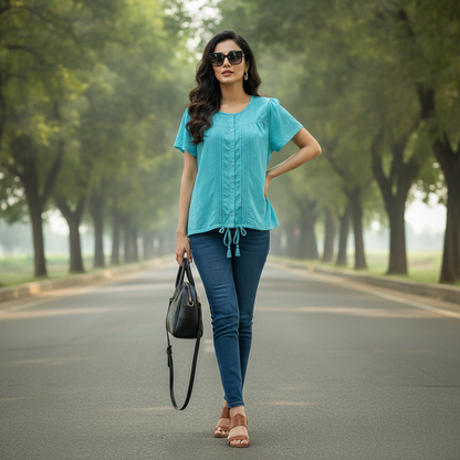 Okay Turquoise Cotton Top for Women | Pleated Button Front Casual Blouse