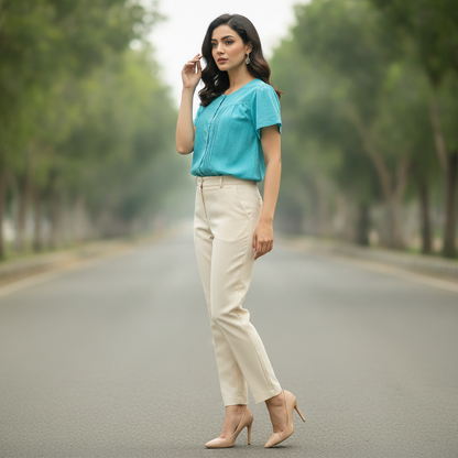 Okay Turquoise Cotton Top for Women | Pleated Button Front Casual Blouse