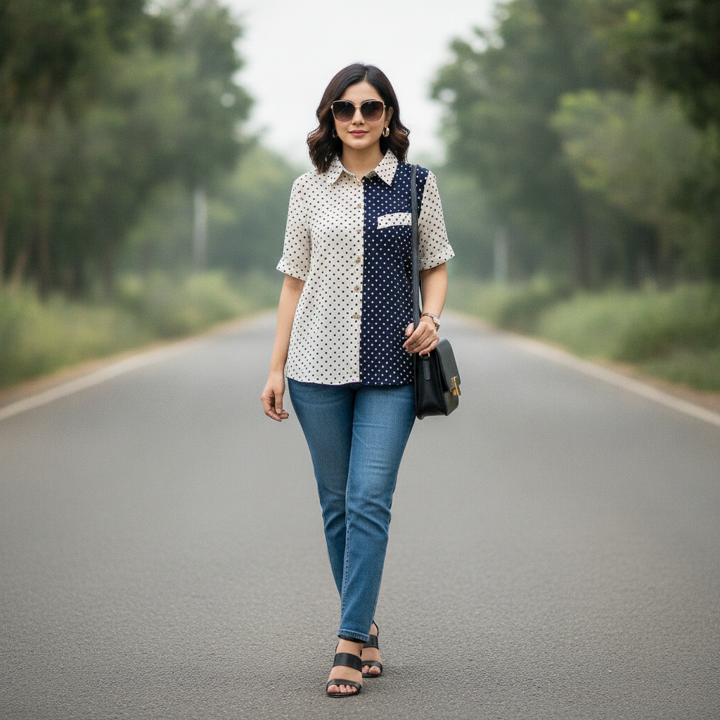 Bonnare Black & White Polka Dot Cotton Shirt for Women | Casual Button Down