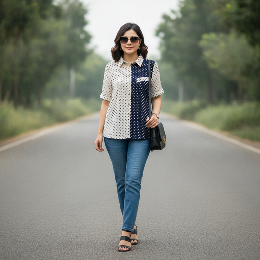 Bonnare Black & White Polka Dot Cotton Shirt for Women | Casual Button Down
