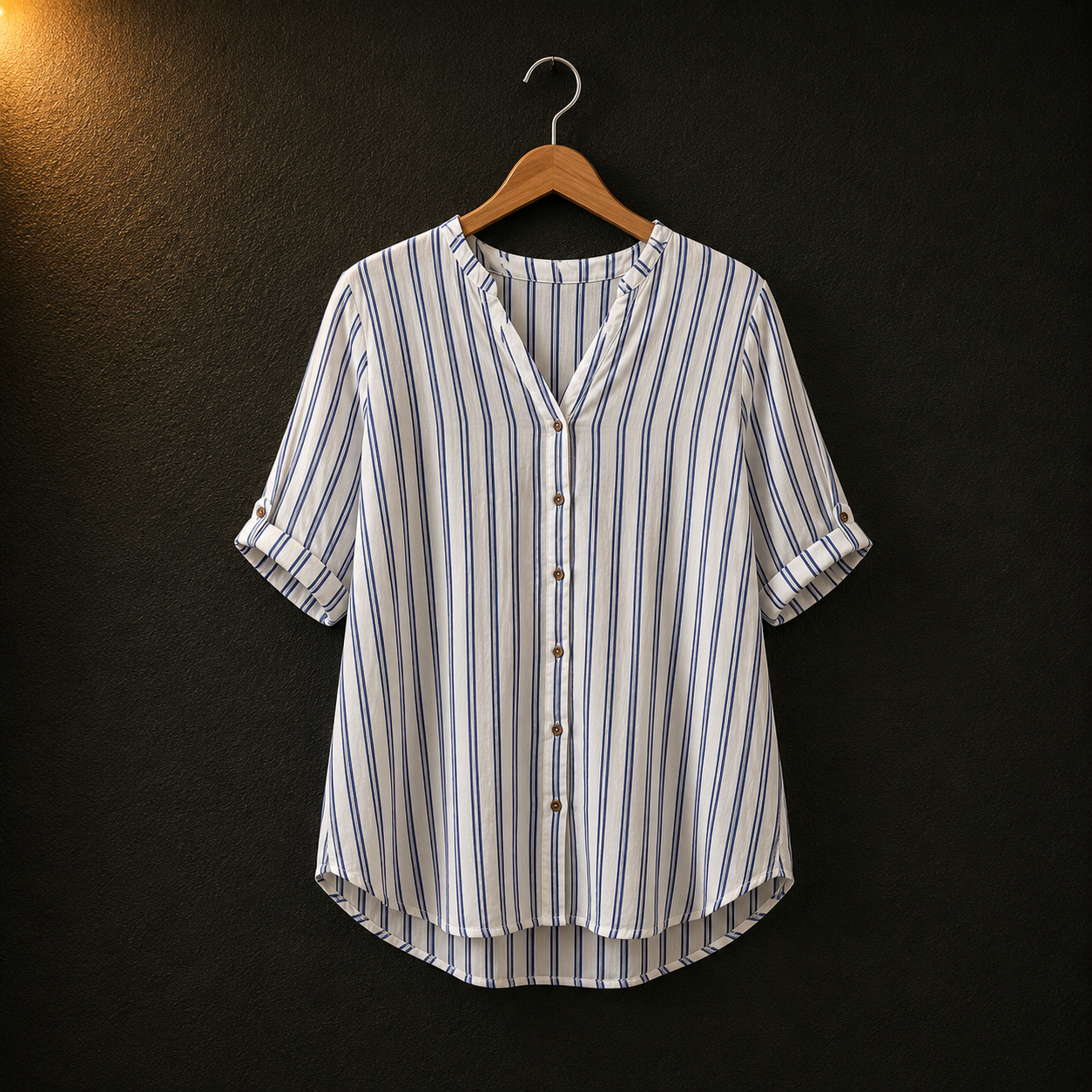John Banner White & Blue Striped Viscose Shirt for Women | Roll-Up Sleeve Blouse
