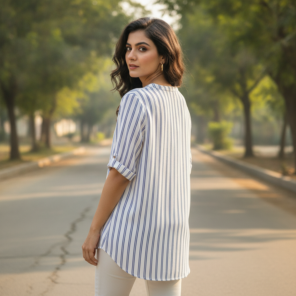 John Banner White & Blue Striped Viscose Shirt for Women | Roll-Up Sleeve Blouse