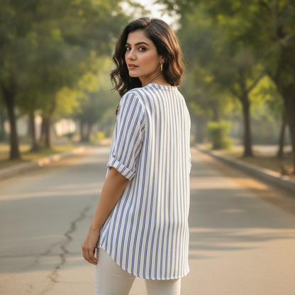 John Banner White & Blue Striped Viscose Shirt for Women | Roll-Up Sleeve Blouse