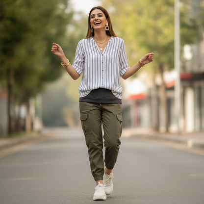 John Banner White & Blue Striped Viscose Shirt for Women | Roll-Up Sleeve Blouse