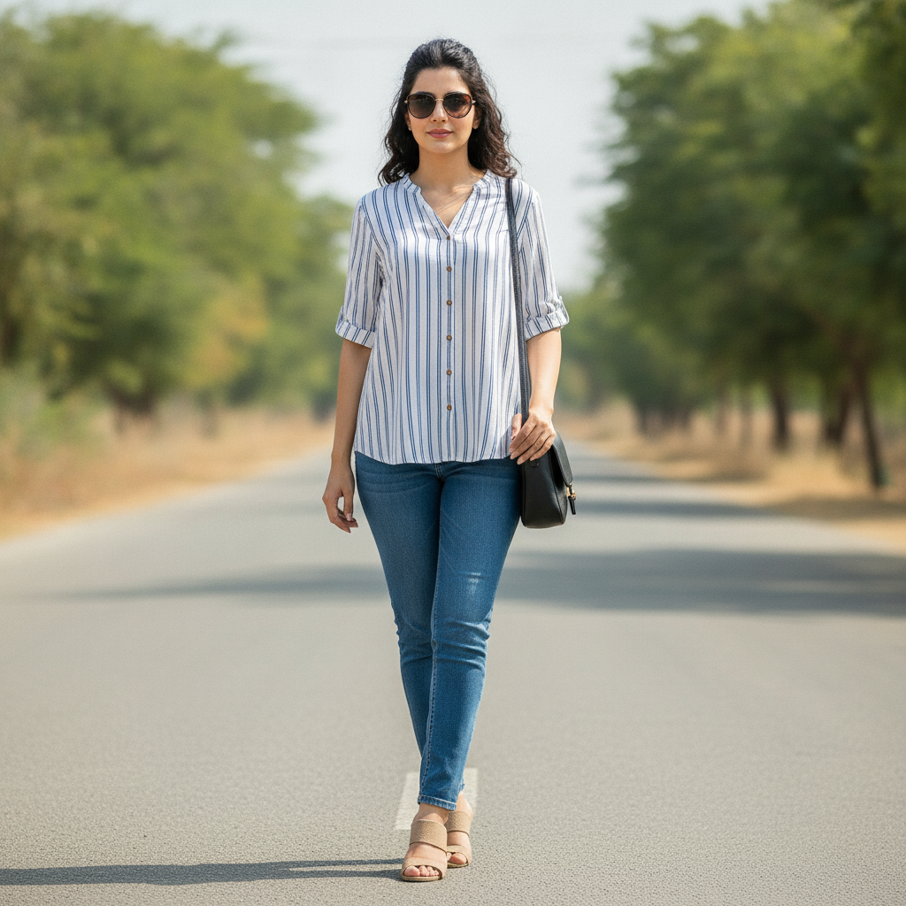 John Banner White & Blue Striped Viscose Shirt for Women | Roll-Up Sleeve Blouse