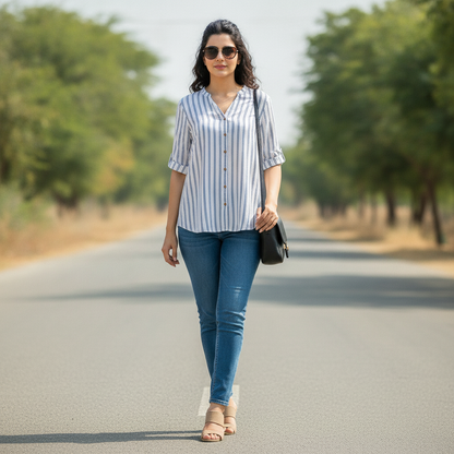 John Banner White & Blue Striped Viscose Shirt for Women | Roll-Up Sleeve Blouse