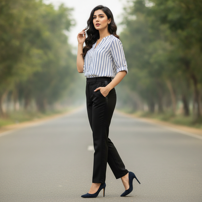 John Banner White & Blue Striped Viscose Shirt for Women | Roll-Up Sleeve Blouse