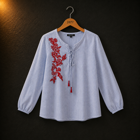 LC Waikiki Blue Striped Embroidered Cotton Blouse for Women