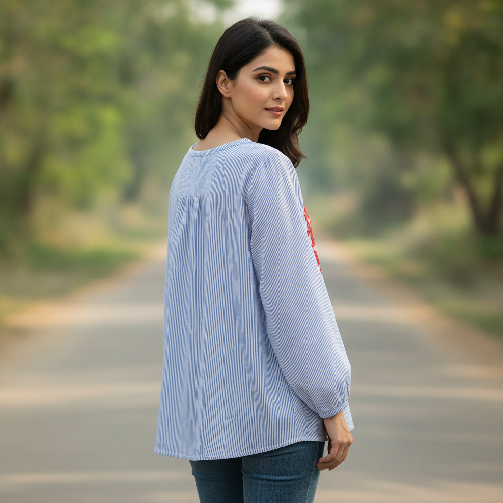 LC Waikiki Blue Striped Embroidered Cotton Blouse for Women