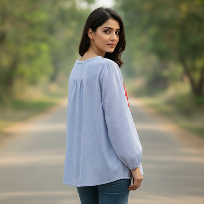 LC Waikiki Blue Striped Embroidered Cotton Blouse for Women