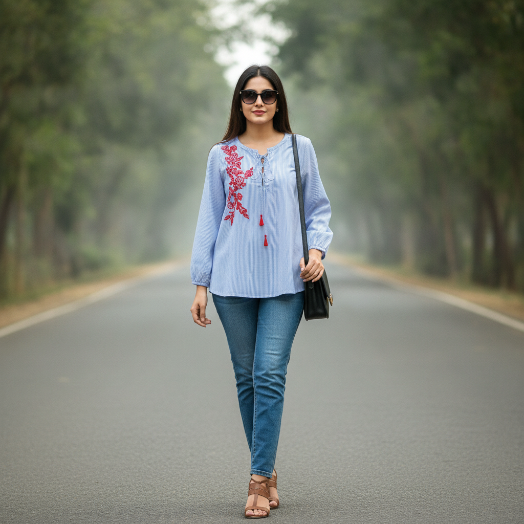 LC Waikiki Blue Striped Embroidered Cotton Blouse for Women