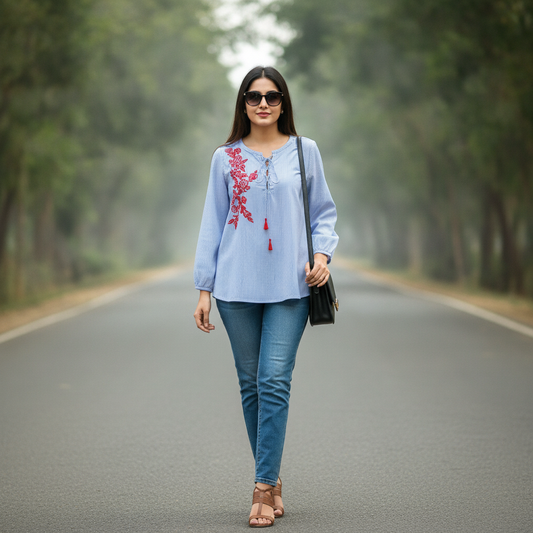 LC Waikiki Blue Striped Embroidered Cotton Blouse for Women