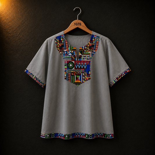 Bonnare Grey Cotton Ethnic Print Top for Women | Casual Short Sleeve Shirt