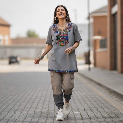 Bonnare Grey Cotton Ethnic Print Top for Women | Casual Short Sleeve Shirt
