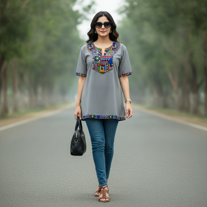 Bonnare Grey Cotton Ethnic Print Top for Women | Casual Short Sleeve Shirt