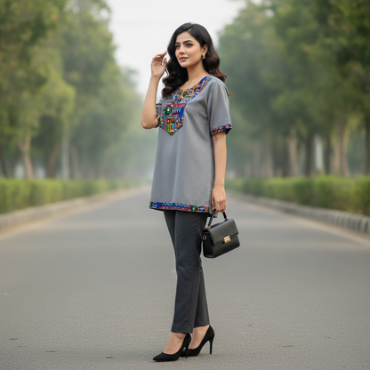 Bonnare Grey Cotton Ethnic Print Top for Women | Casual Short Sleeve Shirt