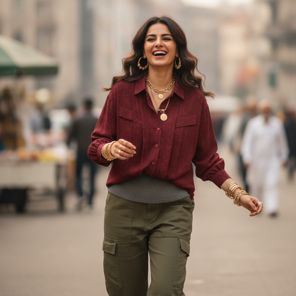 Dhia Maroon Printed Cotton Shirt for Women | Casual Button Front Blouse