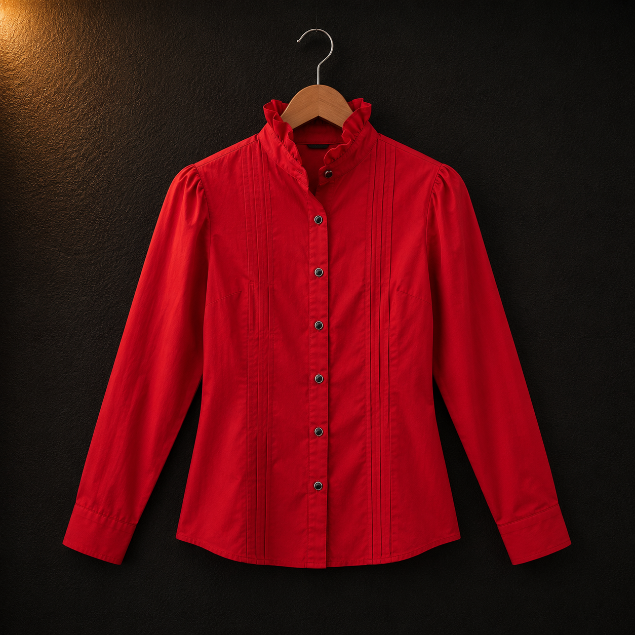 Meigui Red Cotton Shirt for Women | High Neck Button Front Casual Top